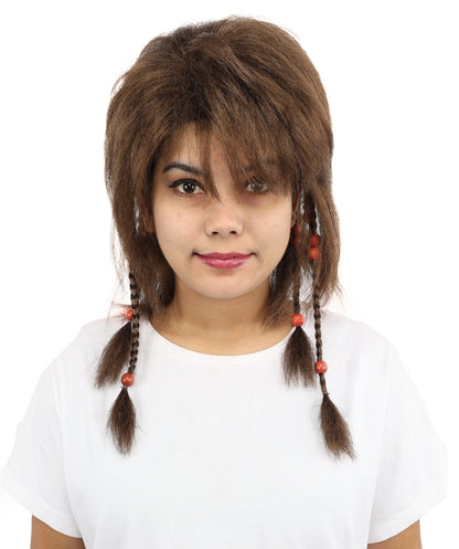HPO Women's Long Tribal Braided Brown Wig | Dark Shaggy Bob with Beaded Strands, Synthetic Fiber & Breathable Cap | Halloween, Sci-Fi Roleplay, Fantasy Costume