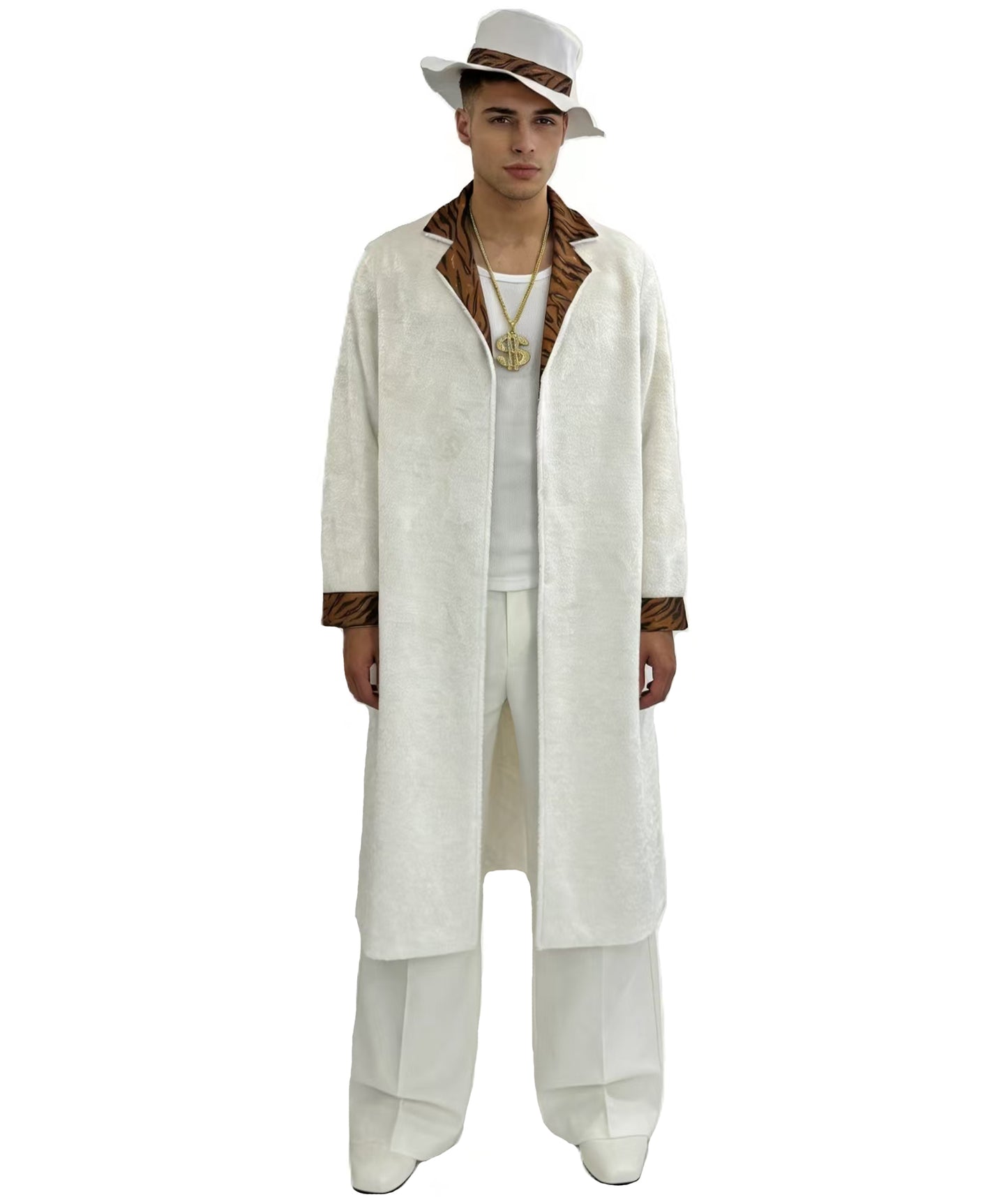 HPO Men's Vintage White Coat Set | Long white coat featuring contrasting brown lapels with a matching wide-brim hat | Ideal for party, Halloween, cosplay, theater, drag, performance, costume events