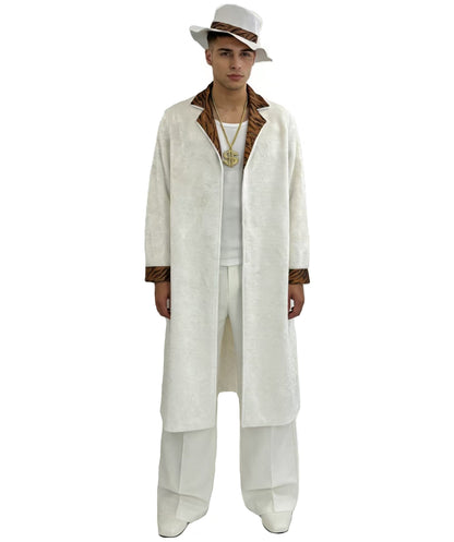 HPO Men's Vintage White Coat Set | Long white coat featuring contrasting brown lapels with a matching wide-brim hat | Ideal for party, Halloween, cosplay, theater, drag, performance, costume events