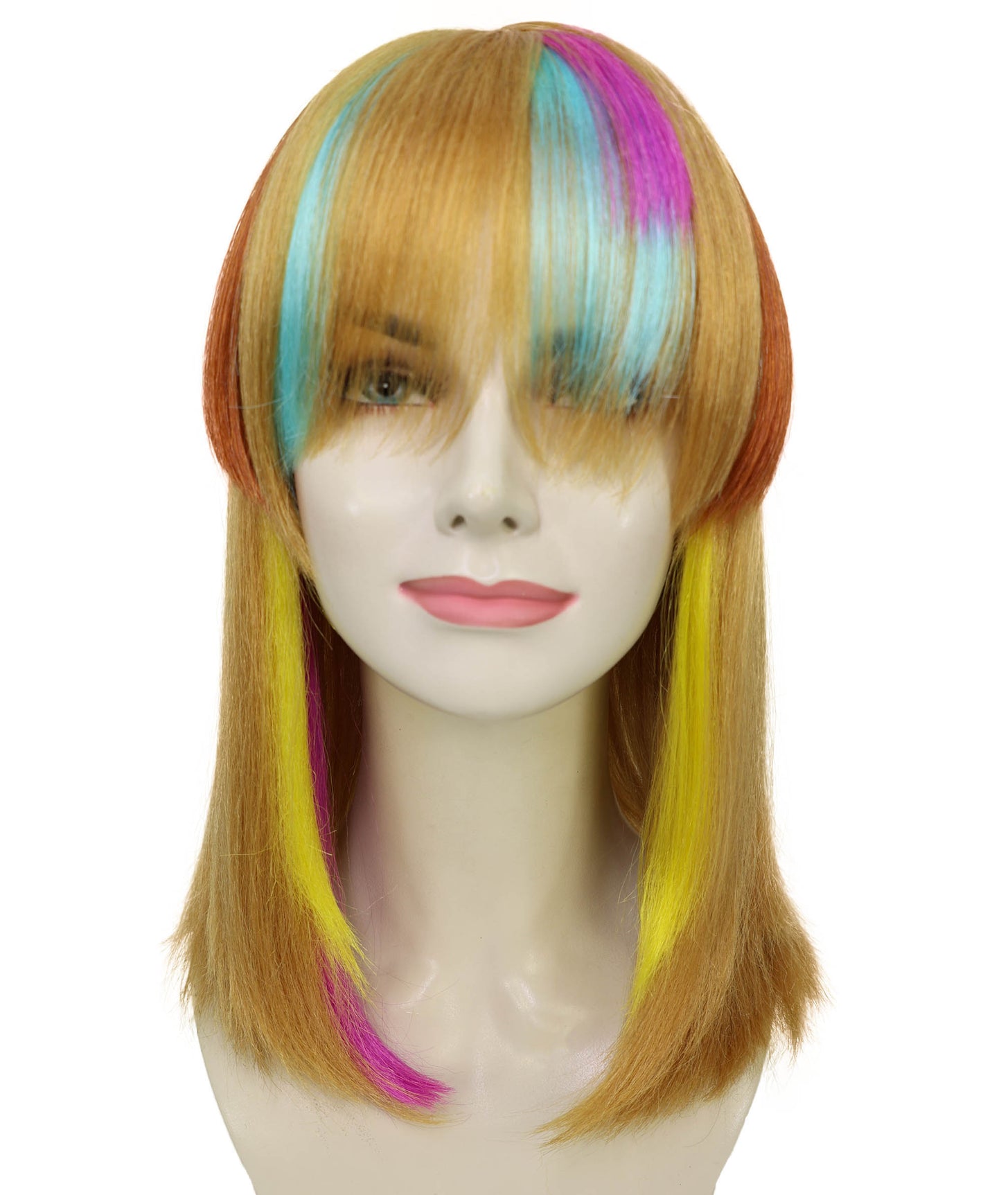 HPO Adult Women’s Vibrant Rainbow Fringe Wig | Bob with Colorful Streaks for Fashion | Breathable Capless Cap