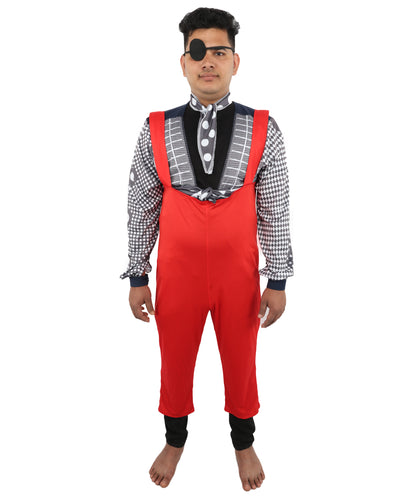 HPO Men's Retro Glam Rock Multicolor Costume | Red Overalls and Starry Shirt with Scarf and Eyepatch | Ideal for Halloween, Theater, Drag, and 70s Music Events