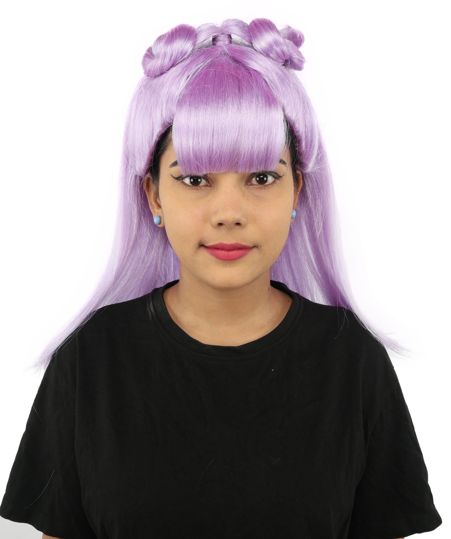 HPO Women's Brown & Pink Half Updo Bangs Wig | Create of synthetic fiber, blunt fringe with top bow, breathable base | Party, Halloween, theater, drag, performance, costume events