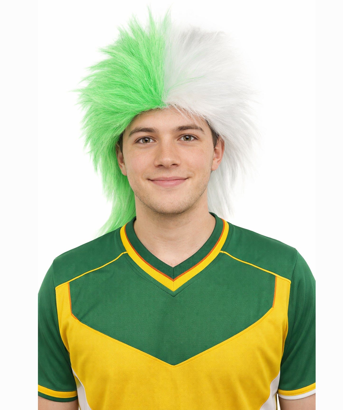 HPO Men's Green and White Sports Wig | Split Color Spiky Mullet Style Flame-retardant Synthetic Fiber | Halloween Themed Party St Patrick's Day Fan Gear