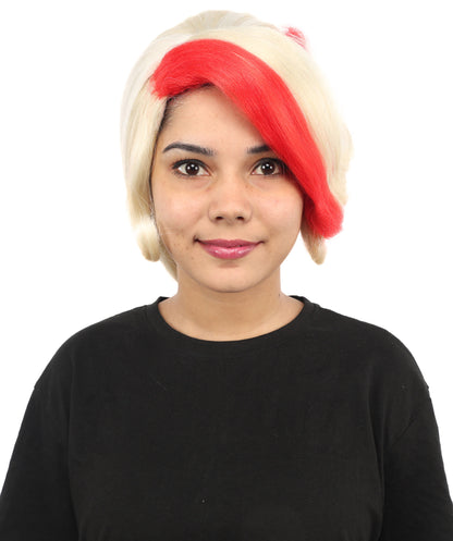 HPO Women's Vibrant Red & Blonde Character Wig | Extra Long Synthetic Hair with Layered Bangs | Adjustable Breathable Cap for Cosplay, Halloween & Stage