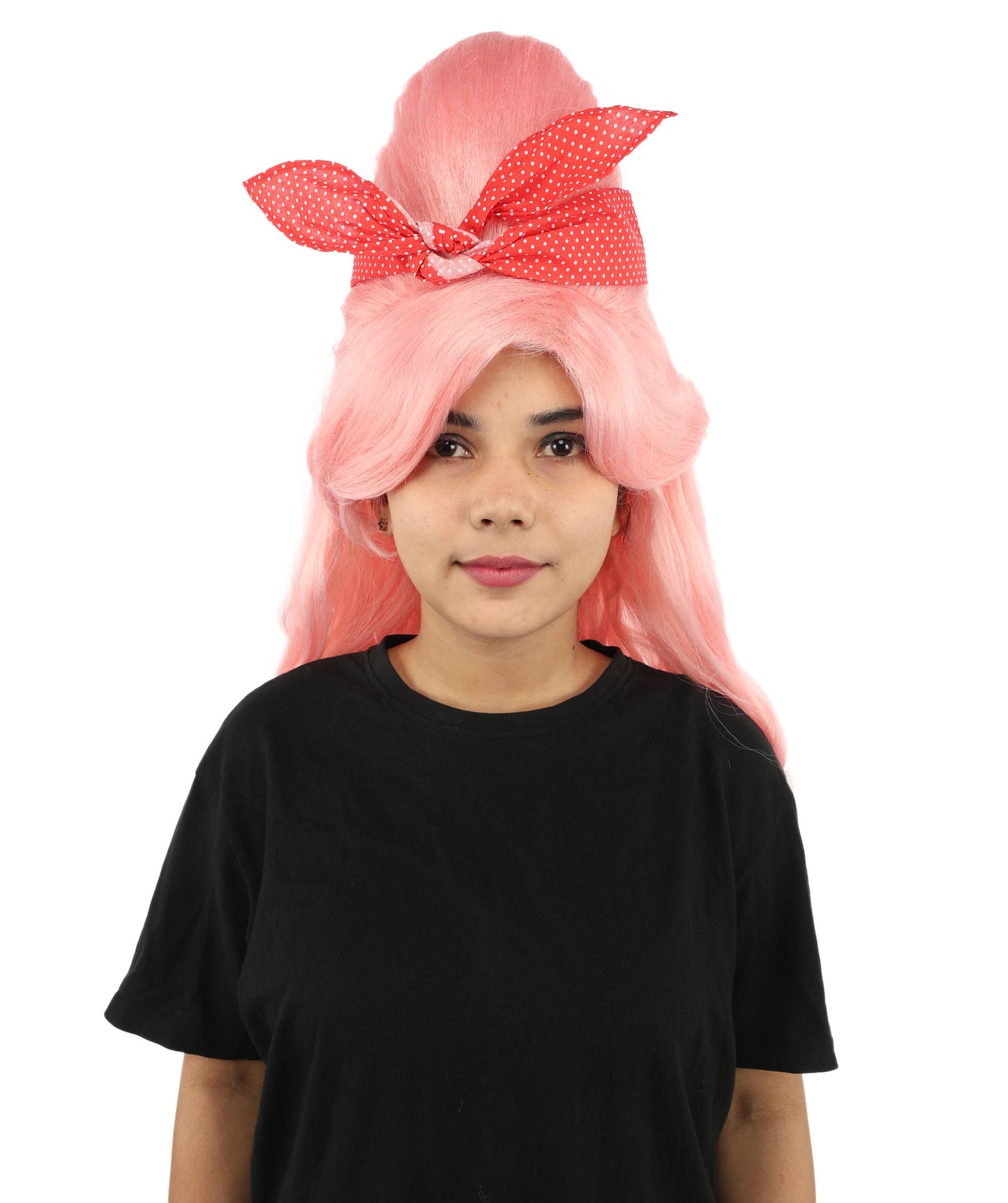 HPO Women’s Retro Beehive Wig with Red Bow | Multicolor Options | Extra Long Wavy Fancy Dress Accessory | Fancy Dress Accessory | Celebrity-Inspired Hair for Halloween, Cosplay & Music Tribute Parties