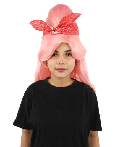 HPO Women’s Retro Beehive Wig with Red Bow | Multicolor Options | Extra Long Wavy Fancy Dress Accessory | Fancy Dress Accessory | Celebrity-Inspired Hair for Halloween, Cosplay & Music Tribute Parties