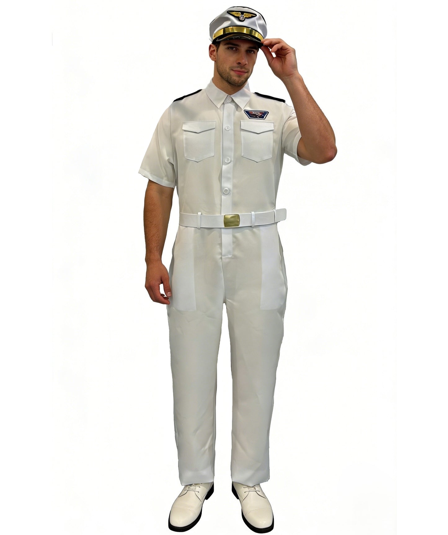 HPO Men's White Captain Costume | Crisp white ronior construction featuring a uniform jumpsuit, belt, and matching hat | Ideal for party, Halloween, cosplay, theater, drag, performance, costume events