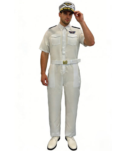 HPO Men's White Captain Costume | Crisp white ronior construction featuring a uniform jumpsuit, belt, and matching hat | Ideal for party, Halloween, cosplay, theater, drag, performance, costume events