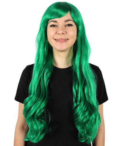 HPO Women's Red Long Wavy Desire Wig with Front Bangs | Halloween and Party Wig | Flame-retardant Synthetic Fiber  |  Premium Breathable Capless Cap