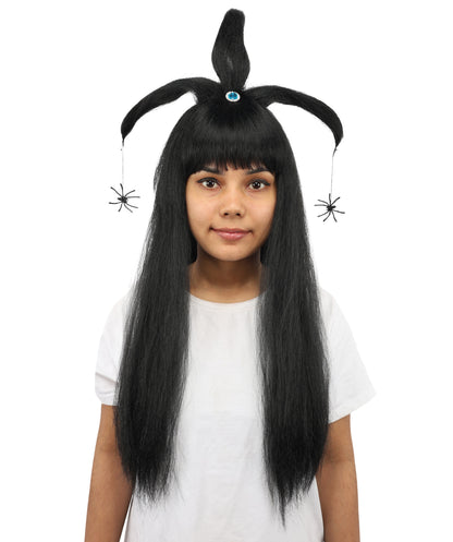 HPO Women's Spider Gothic Sculpted Wig | Monochromatic midnight black, create of synthetic fiber, architectural spider-leg loops with blunt bangs, breathable base | Party, Halloween, theater, drag, performance, costume events