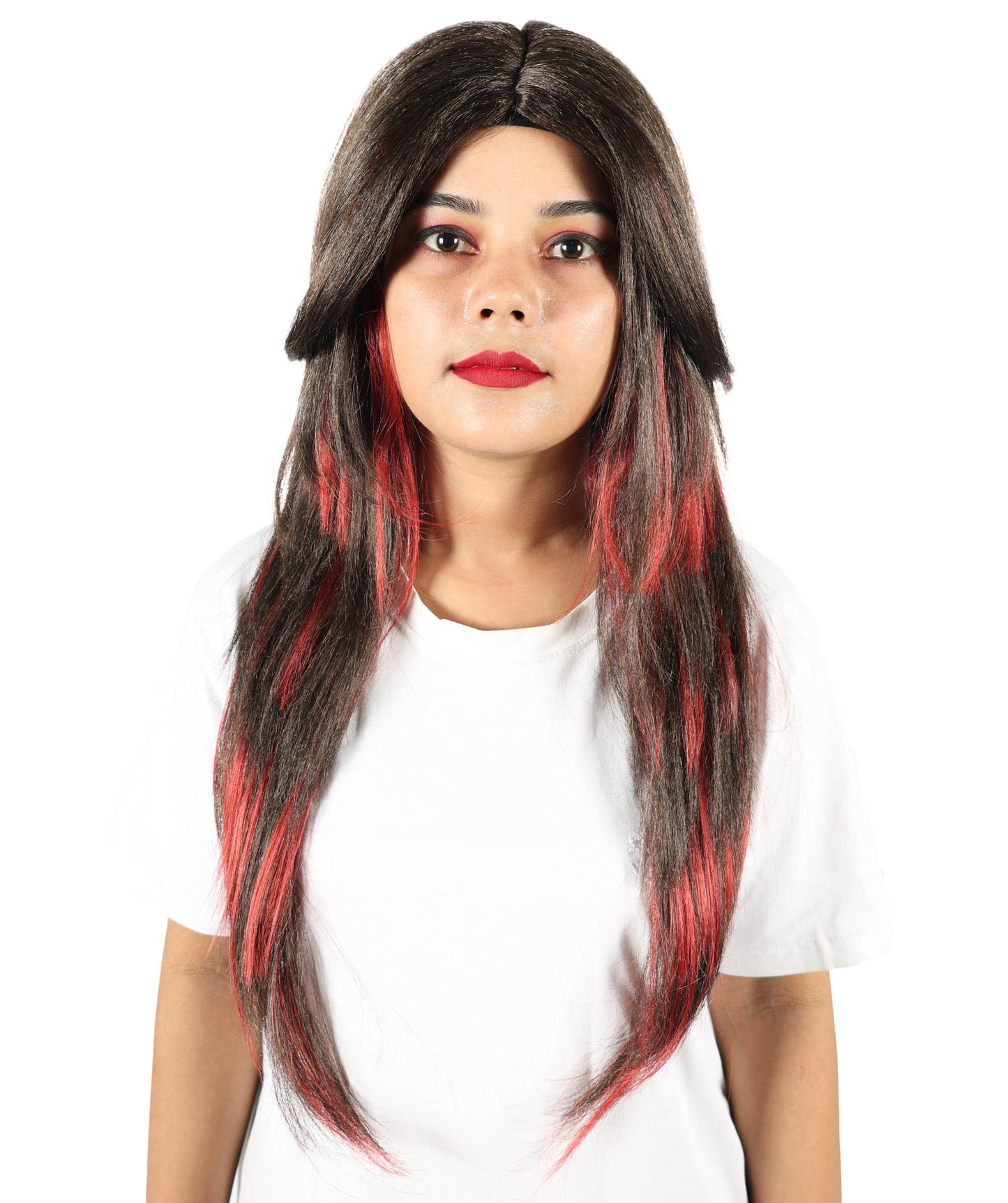 HPO Women's Edgy Celebrity Roleplay Red & Brown Wig |Flame-resistant Fiber with a comfortable capless fit | Ideal for party, Halloween, cosplay, theater, drag, performance, costume events