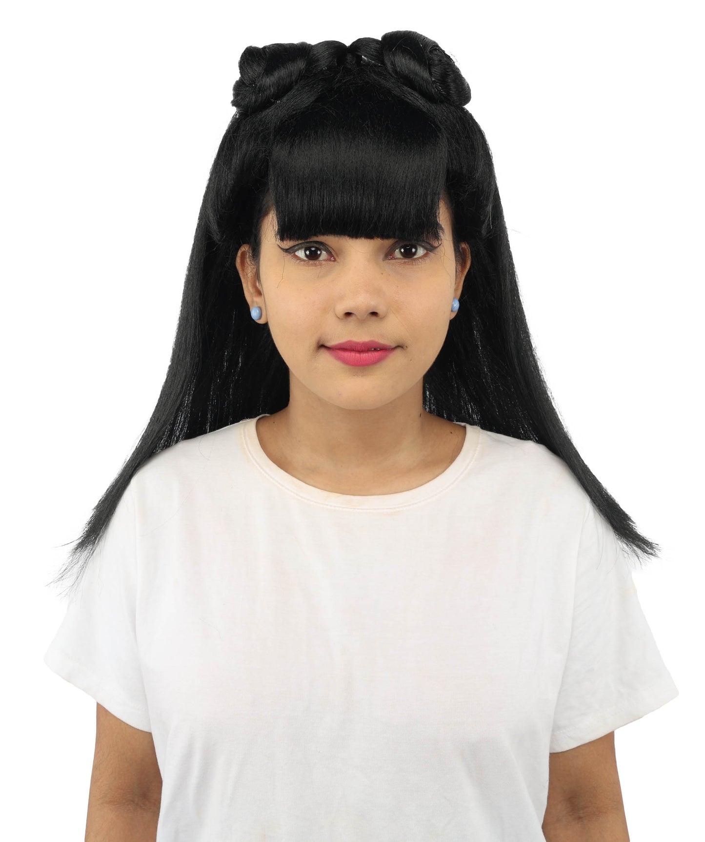 HPO Women's Brown & Pink Half Updo Bangs Wig | Create of synthetic fiber, blunt fringe with top bow, breathable base | Party, Halloween, theater, drag, performance, costume events