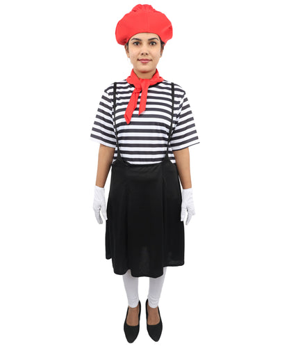 HPO Women for French Artist Costume | Black Dress, Scarf, Cap, and Hand Gloves | Outfit for Halloween, Parties, Stage & Cosplay