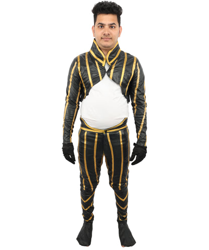 HPO Men's Anime Fighter Combat Suit | Striking Black And Gold PVC Jersey Construction Featuring Pant, Dress, Hand gloves, And Leg Socks | Ideal for Party, Halloween, Cosplay, Theater, Drag, Performance, Costume Events