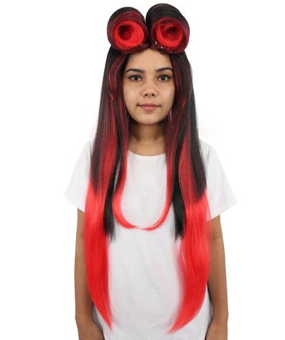 Women’s Straight Black Red Roller-Top Retro Wig | 60s Style Center Part Long Hair | Bold Fancy Dress Party Wig for Fashion, Halloween and Cosplay