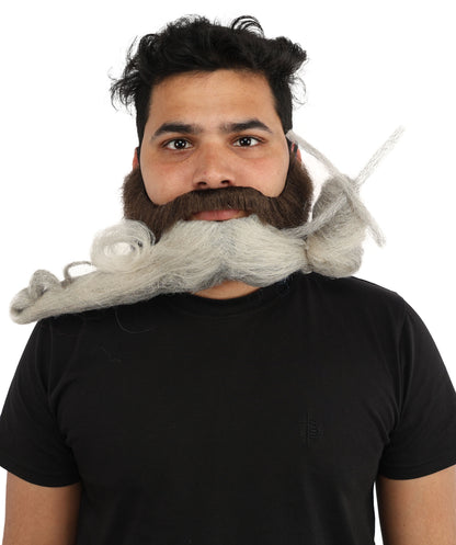HPO Men's Sculpted Fake Beard & Mustache Set | Grey Styled Mustache Combo Synthetic Fiber | Party Halloween Cosplay Theater Drag Performance Costume Events