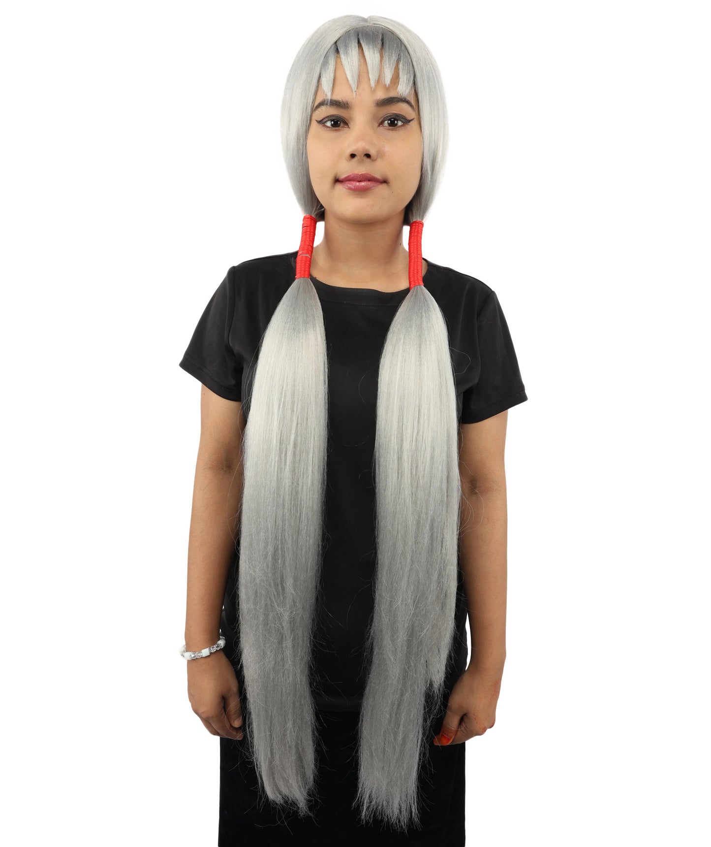HPO Women's Extra Long Pigtail Wig | Multicolor Options | Floor Length Straight Twin Tails with Bangs, Heat Friendly Synthetic Fiber & Adjustable Cap | Halloween, Fairy Roleplay, Magical Girl Theme, Theater & Carnival