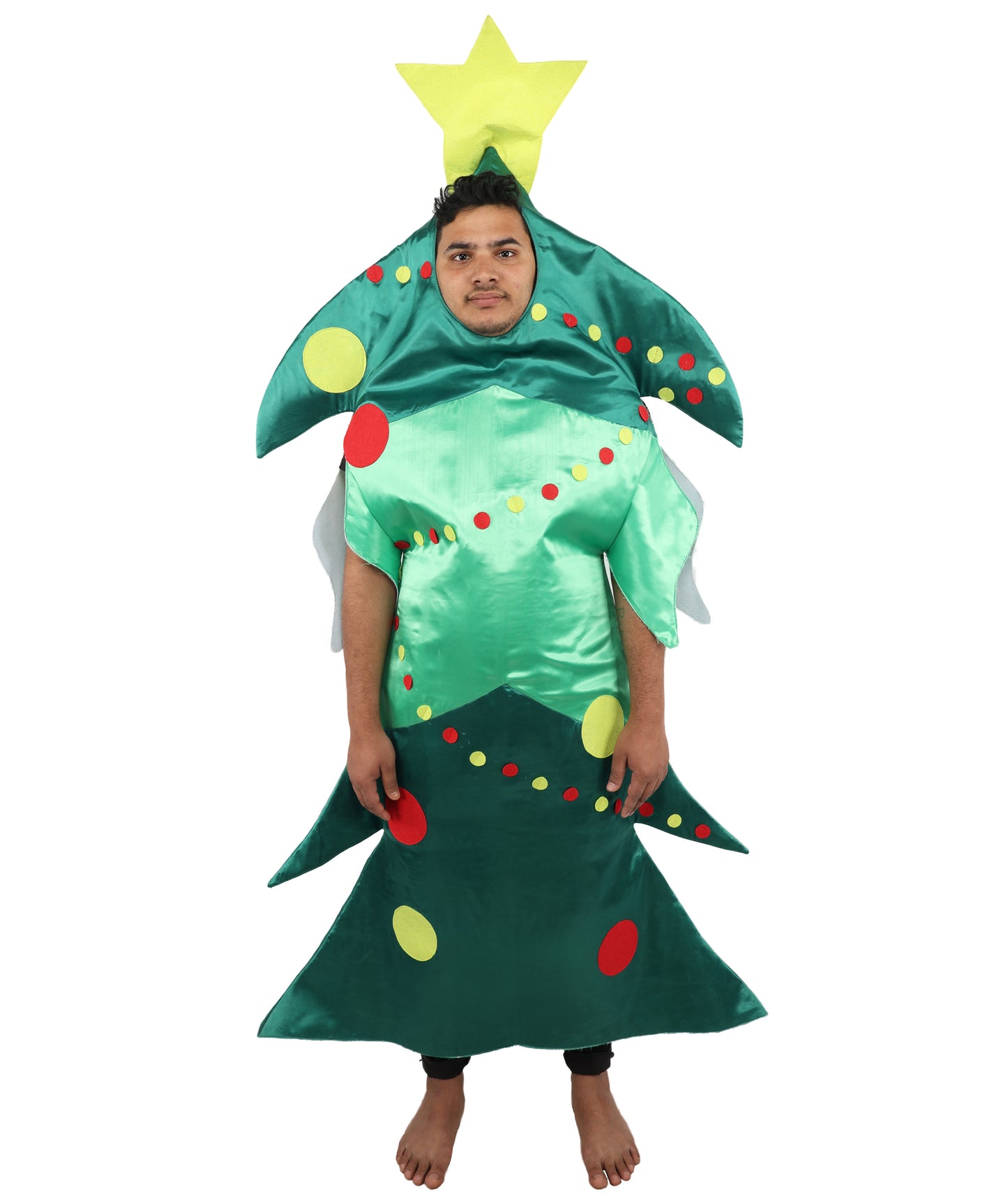 HPO Men's Festive Christmas Tree Costume | Green Structured Foam and Jersey Tunic with Star Accent | Ideal for Halloween, Theater, Drag, and Holiday Performance Events