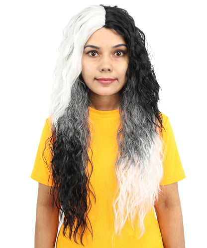 HPO Women’s Long Black and White Gothic Wig – 26 Inch Extra Long Wavy Two-Tone Hairpiece | Ideal for Halloween, Costume Parties & Themed Events