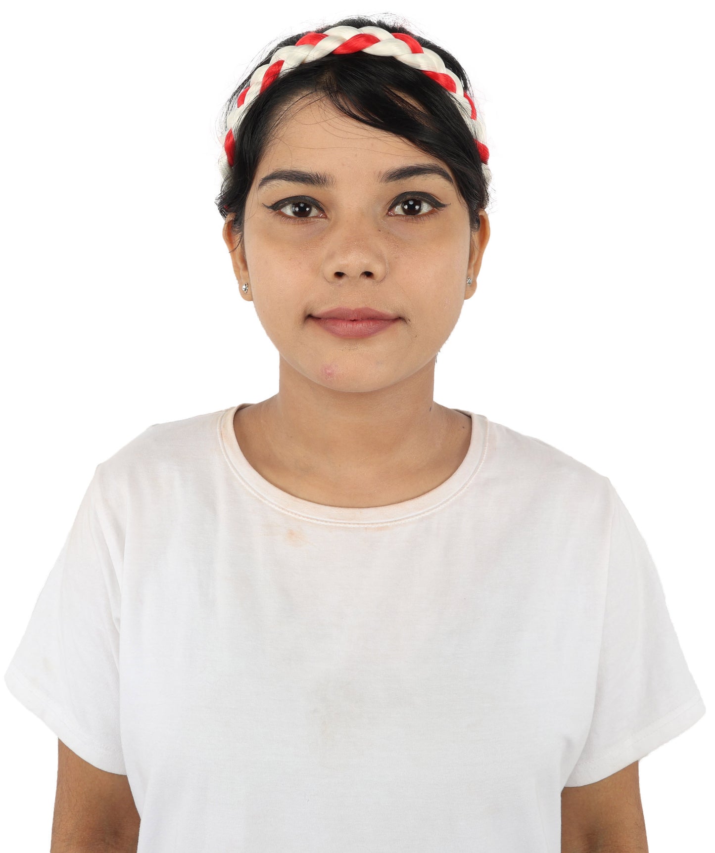 HPO Women's International Braided Headband | Textured red and white synthetic fibers woven into a twisted headband with an elastic back | Ideal for party, Halloween, cosplay, theater, drag, performance, costume events