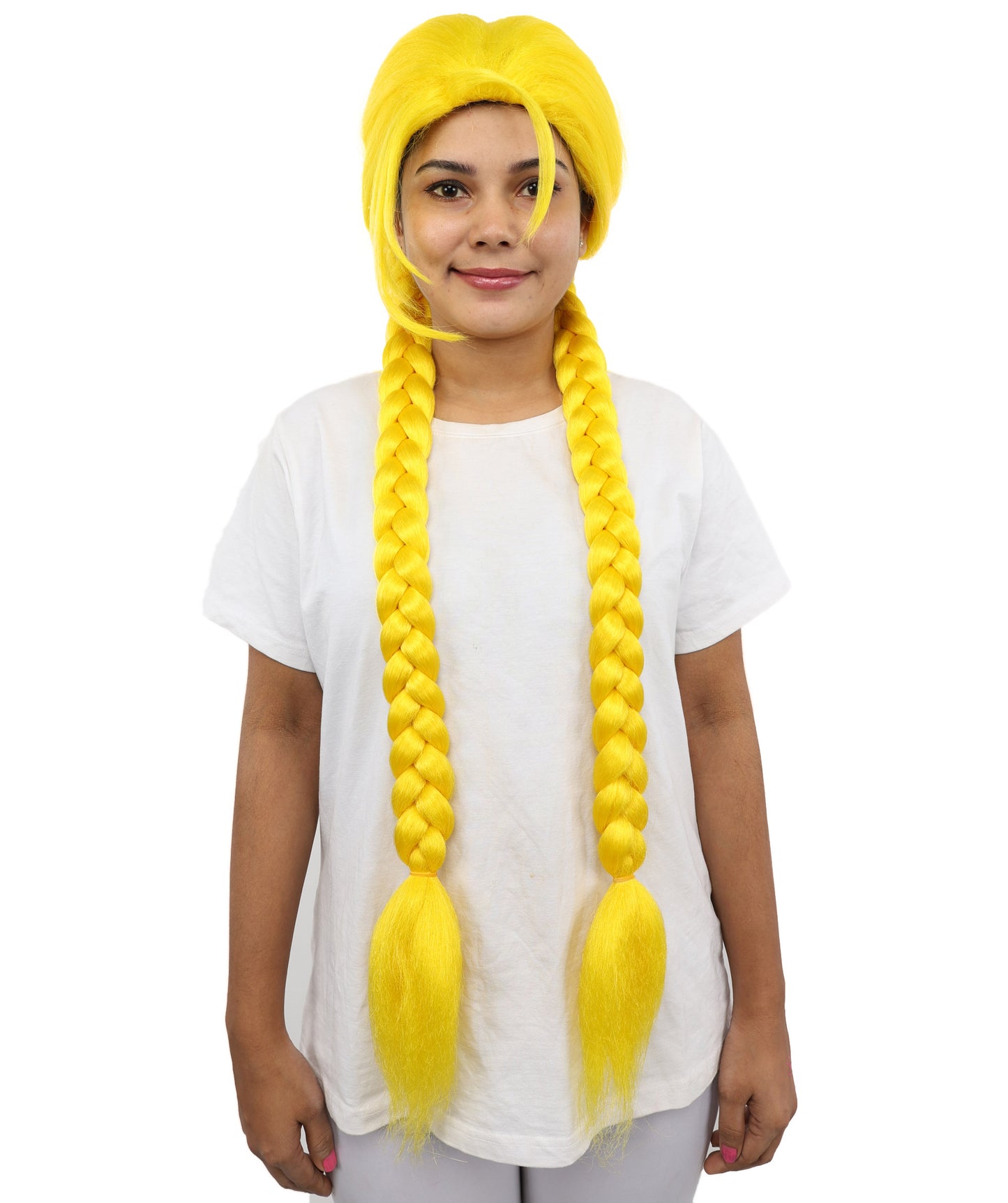 HPO Women’s Long Braid Synthetic Yellow Wig with Bangs | Sleek Cosplay Hairpiece with Comfortable Breathable Cap | Perfect for Halloween, Parties & Roleplay