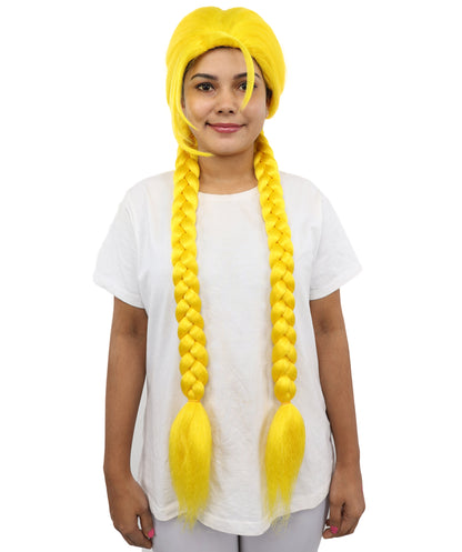 HPO Women’s Long Braid Synthetic Yellow Wig with Bangs | Sleek Cosplay Hairpiece with Comfortable Breathable Cap | Perfect for Halloween, Parties & Roleplay