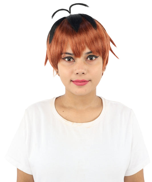 Unisex Short Layered Spiky Wig | Orange and black synthetic fibers with short voluminous texture and capless base | Essential for theatrical stage drag performance costume events and party
