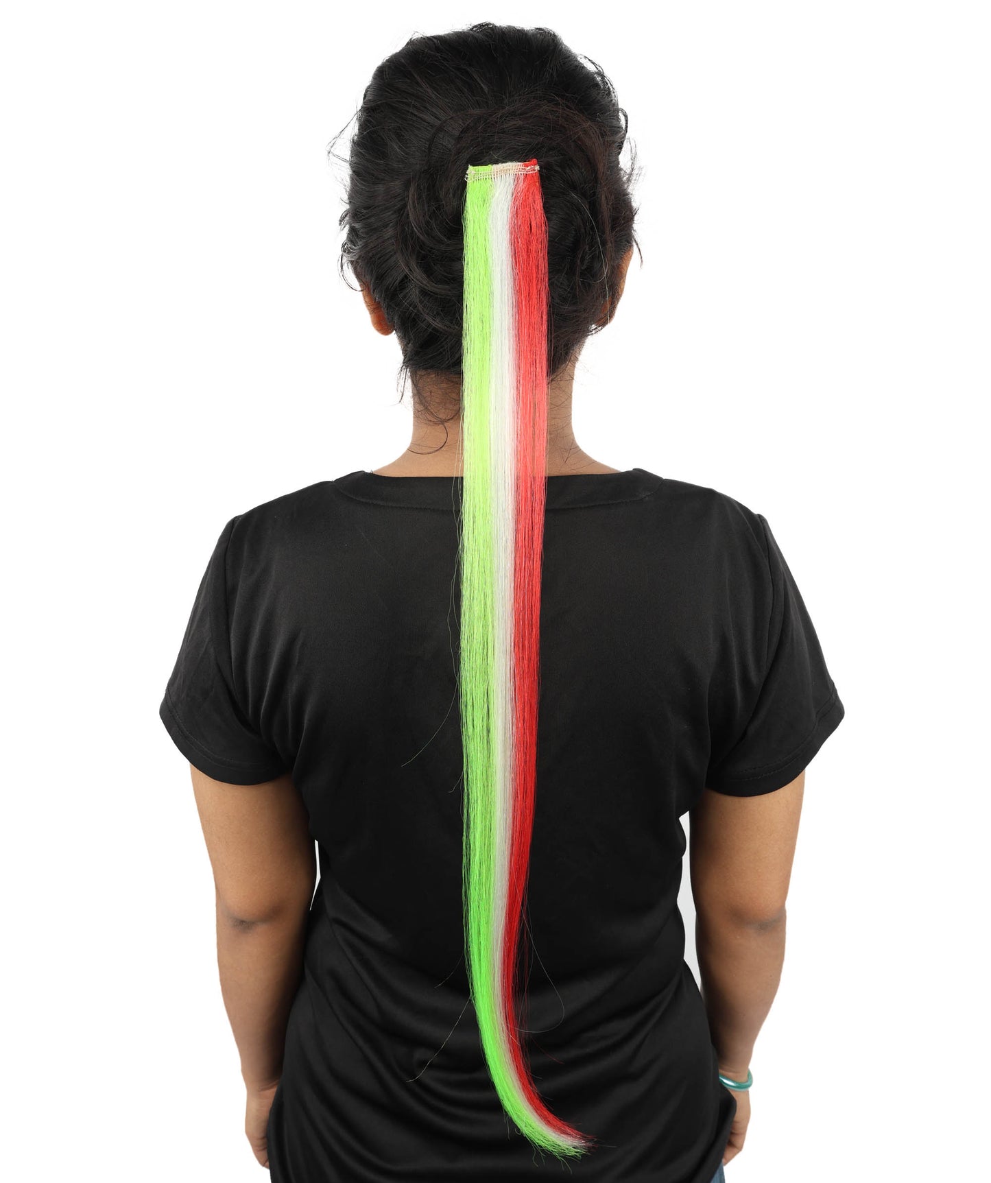 HPO Women's Clip-in Hair Extension | Sleek straight green, white and red synthetic fibers featuring a secure snap attachment | Ideal for party, Halloween, cosplay, theater, drag, performance, costume events