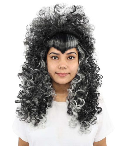 HPO Women's Vampire Mistress Curly Wig | Long Layered Black Hair with White Highlights and Teased Roots | Classic Horror Cosplay and Theme Parties