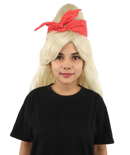 HPO Women’s Retro Beehive Wig with Red Bow | Multicolor Options | Extra Long Wavy Fancy Dress Accessory | Fancy Dress Accessory | Celebrity-Inspired Hair for Halloween, Cosplay & Music Tribute Parties