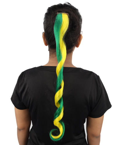 HPO Women's Brazil Flag Hair Extension | Coiled green and yellow synthetic fibers featuring a twisted attachment design | Ideal for party, Halloween, cosplay, theater, drag, performance, costume events