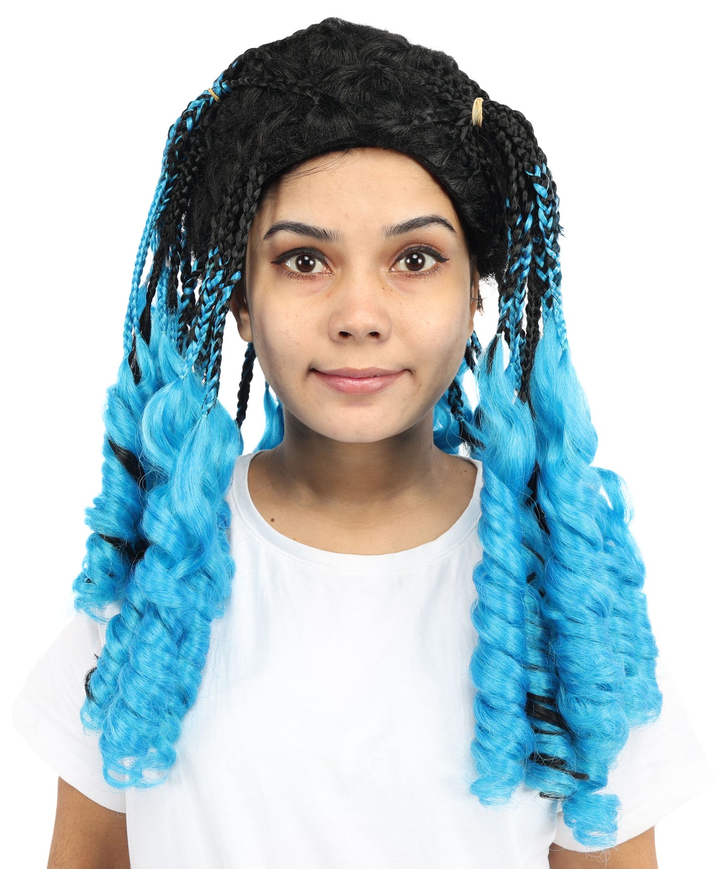 HPO Women’s Long Ombre Blue & Black Braided Wig | Gradient Synthetic Braids for Cosplay & Halloween | Lightweight Capless Cap Design