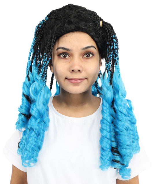 HPO Women’s Long Ombre Blue & Black Braided Wig | Gradient Synthetic Braids for Cosplay & Halloween | Lightweight Capless Cap Design