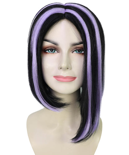 HPO Adult Women’s White & Purple Highlight Bob Wig | Sleek Short Costume Hair for Halloween & Parties | Breathable Capless Cap