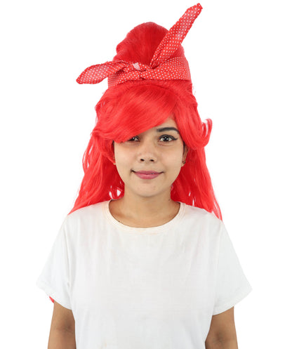 HPO Women’s Retro Beehive Wig with Red Bow | Multicolor Options | Extra Long Wavy Fancy Dress Accessory | Fancy Dress Accessory | Celebrity-Inspired Hair for Halloween, Cosplay & Music Tribute Parties