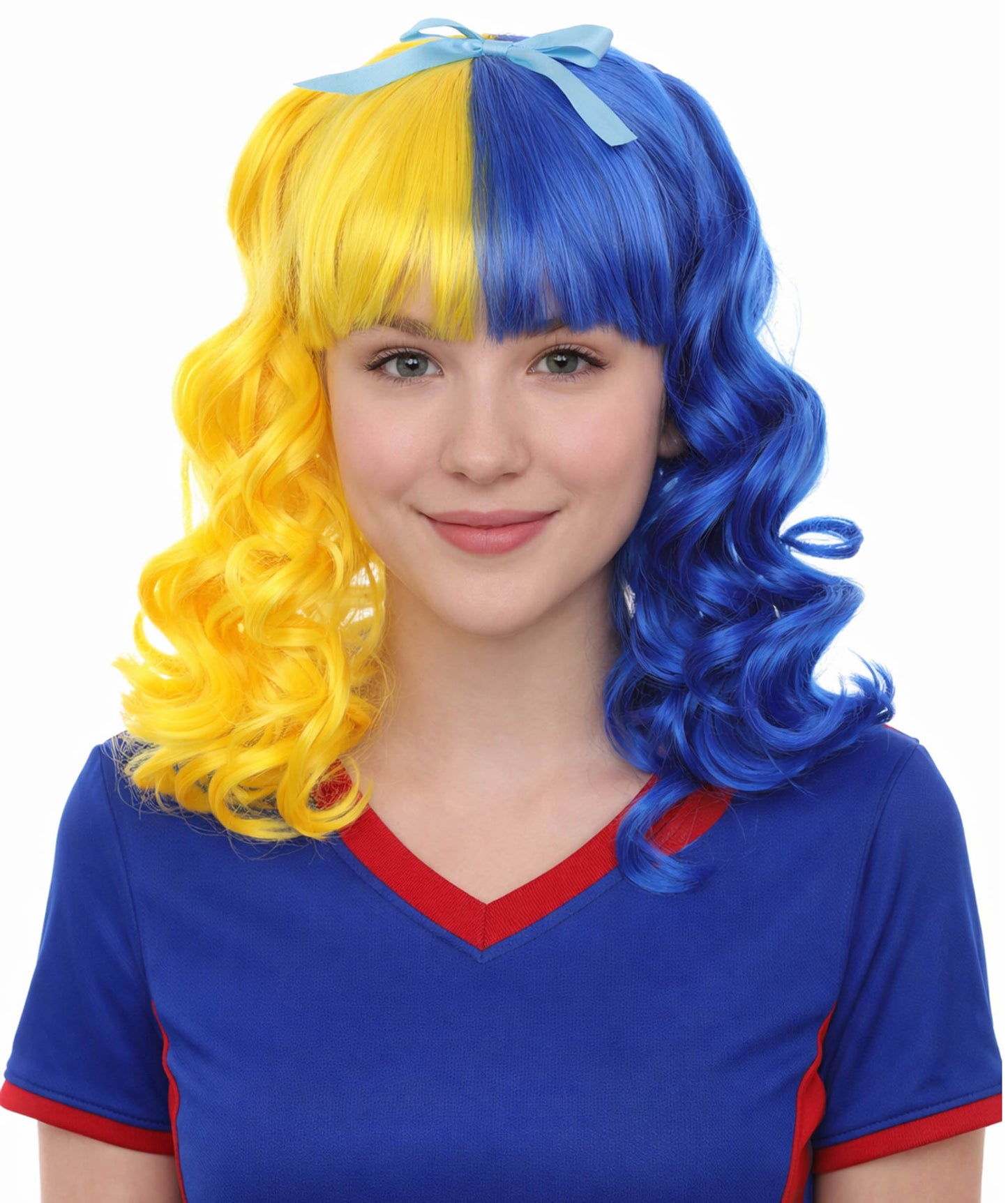 Bright Night Wig | Blue Yellow Curly Halloween Wig | Premium Breathable Capless Cap