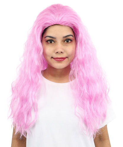 HPO Women’s Pink Long Wavy Wig | 25 Inch Long Hair with Capless Cap Design | Ideal for Playful at Halloween Cosplay, and Themed Parties