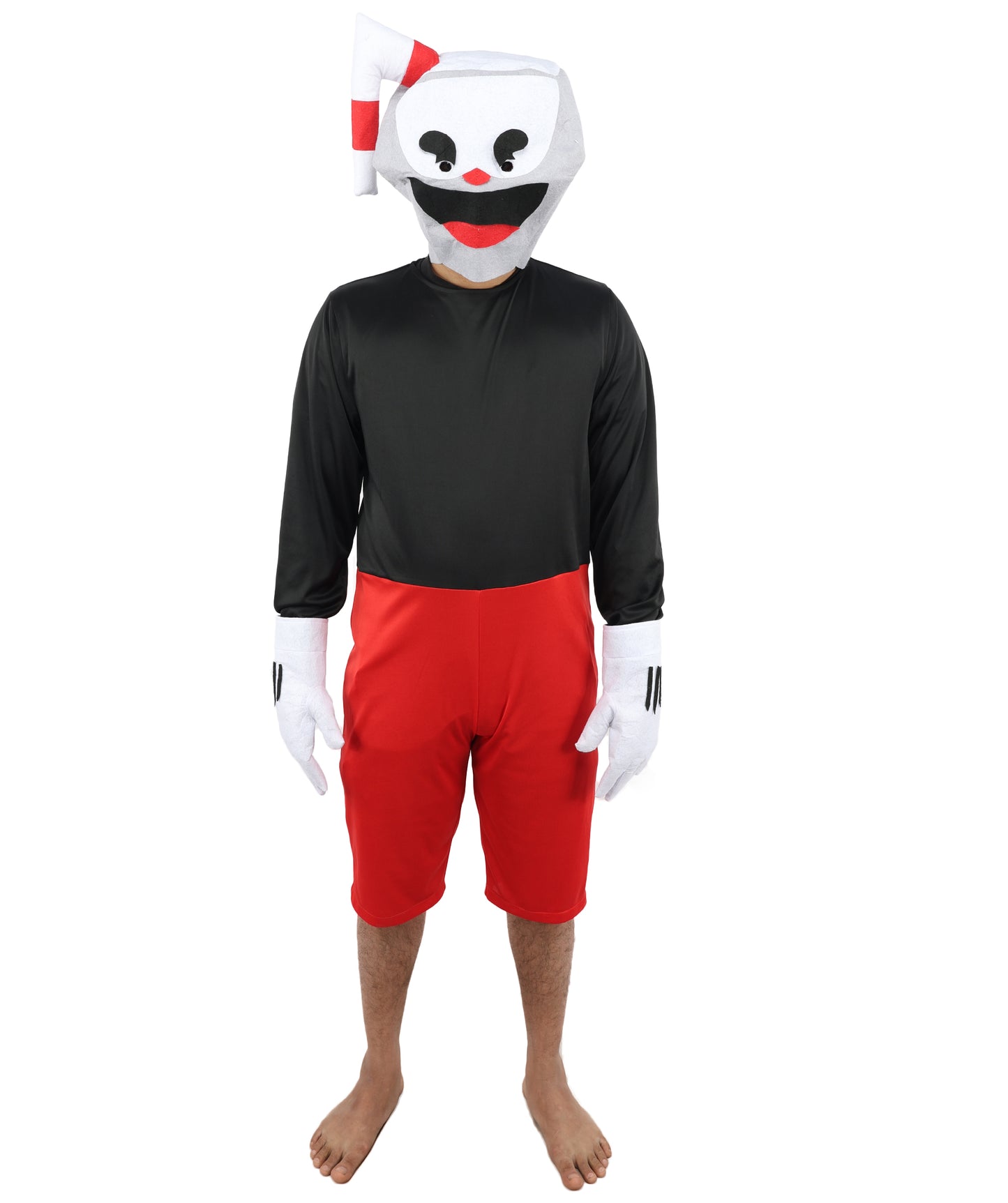 HPO Men's Vintage Toon Cup Red & Black Costume | Soft Fabric Construction Featuring Straw Accent Mask and Shorts | Versatile for Stage Shows, Carnival Events, and Character Parties