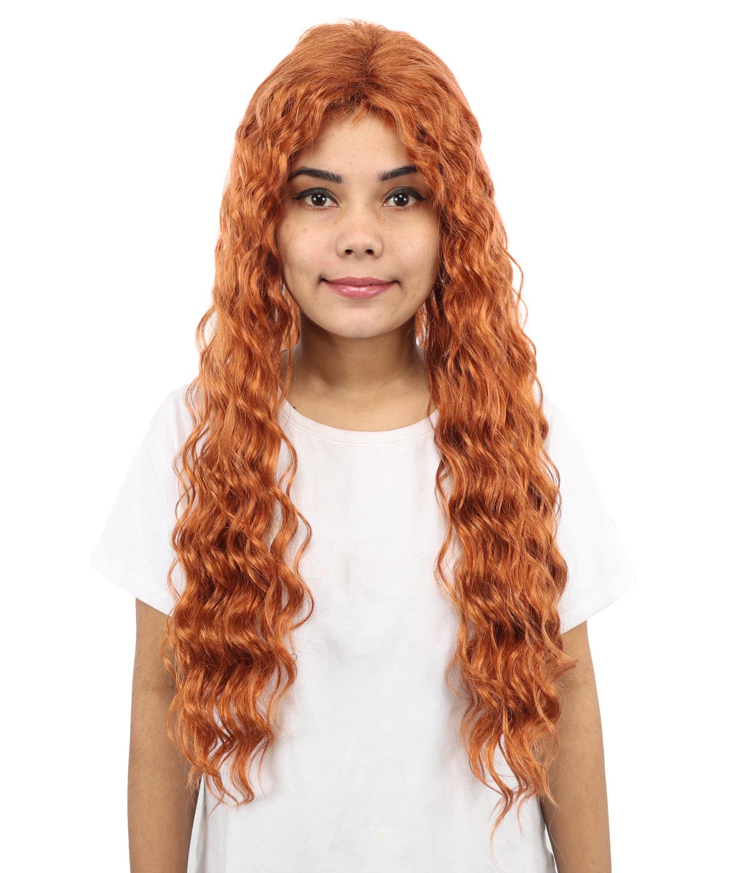 HPO Women's Long Deep Wave Wig | 28 Inch Copper Red Crimped Texture Synthetic Fiber | Party Halloween Cosplay Theater Drag Performance Costume Events