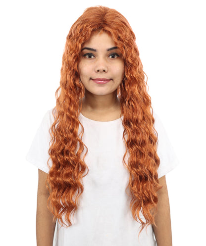 HPO Women's Long Deep Wave Wig | 28 Inch Copper Red Crimped Texture Synthetic Fiber | Party Halloween Cosplay Theater Drag Performance Costume Events