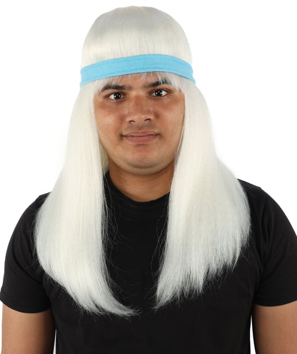 HPO Men's Long Auburn Wig with Headband | Straight Reddish Texture with Blunt Bangs & Included Teal Band, Heat Resistant Fiber | Halloween, Troll Roleplay, Fantasy Party, Carnival & Theater