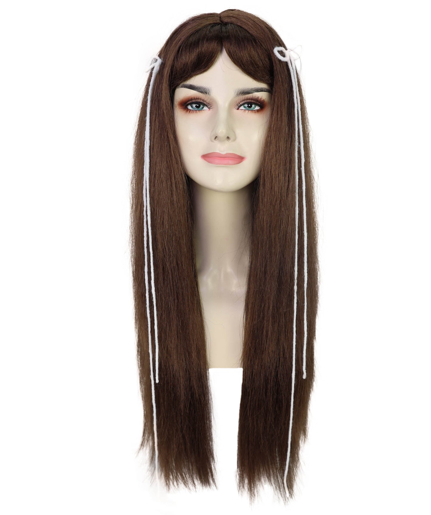 HPO Adult Women’s Elegant Long Brown Wig with Highlights and Curtain Bangs | Natural Straight Style | Ideal for Halloween | Breathable Capless Cap