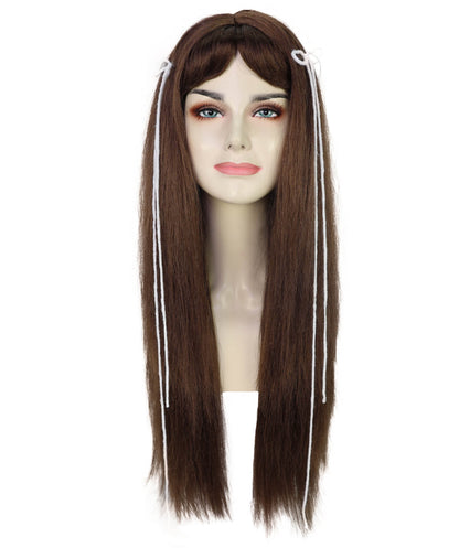 HPO Adult Women’s Elegant Long Brown Wig with Highlights and Curtain Bangs | Natural Straight Style | Ideal for Halloween | Breathable Capless Cap