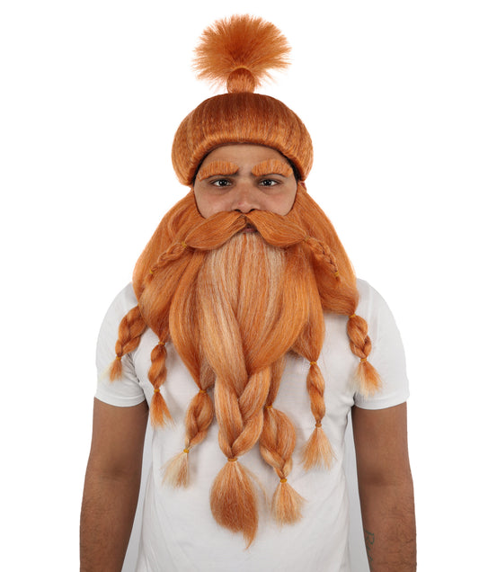 HPO Golden Brown Warrior Wig Beard Mustache Set with Eyeborws for Adults | Synthetic fiber Accessory Set with Capless Cap | Ideal for Halloween , Cosplay and any event
