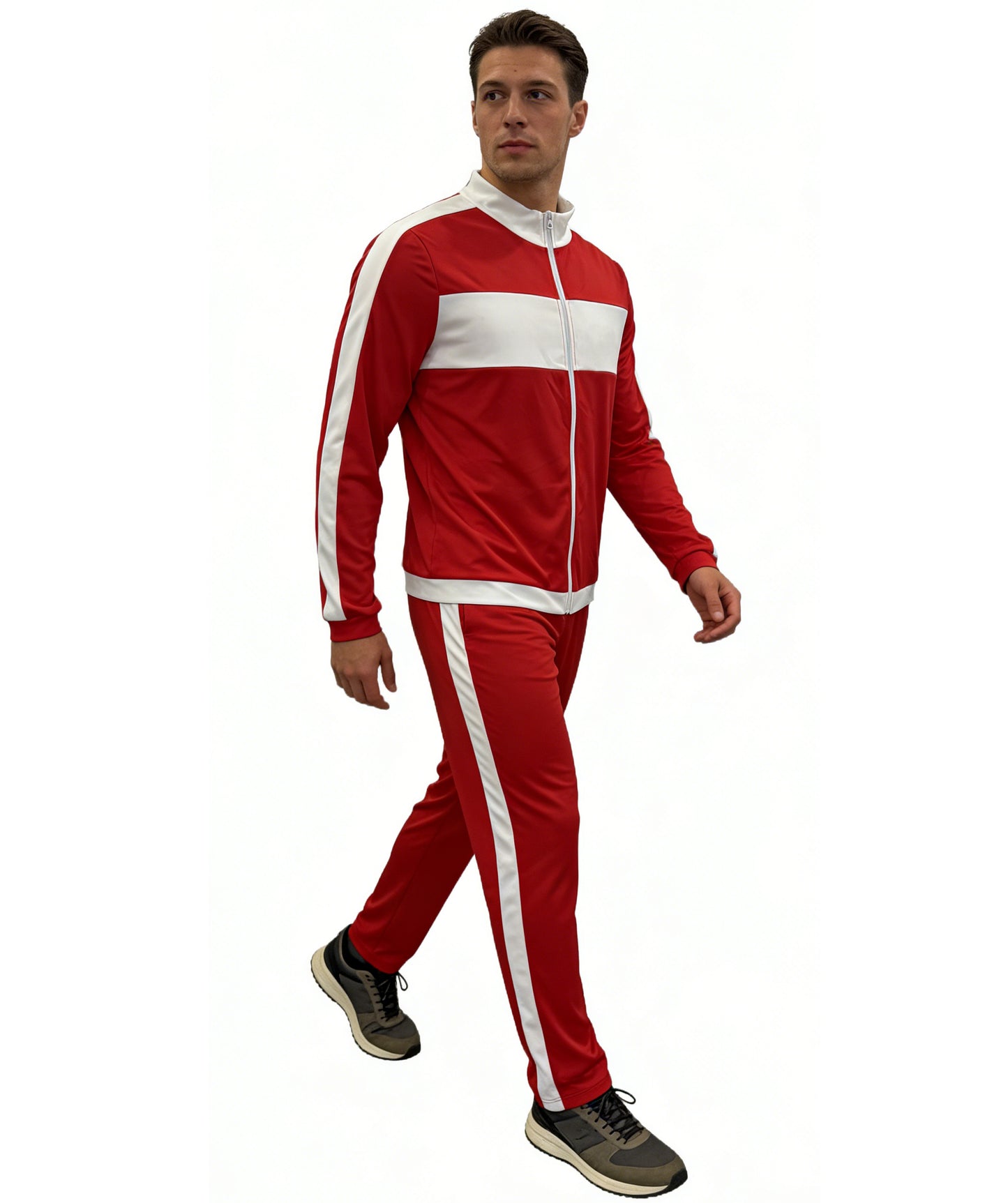 HPO Men's 80s Retro Tracksuit | Vibrant red and white jersey construction featuring a matching zip-up top and track pants | Ideal for party, Halloween, cosplay, theater, drag, performance, costume events