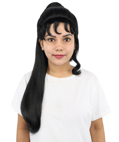 HPO Women’s 24” Long Black Wig | Elegant Half-Up Curly Bangs Wig for Historical, Mythical, or Theatrical Roles | Capless Cap Design