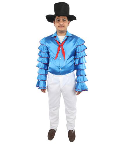 HPO Men's Rhythmic Multicolor Uniform Costume | Tiered Ruffle Satin Sleeves with Contrast Neck Tie and White Trousers | Ideal for Cosplay, Halloween, Drag, and Latin Dance Performance Events