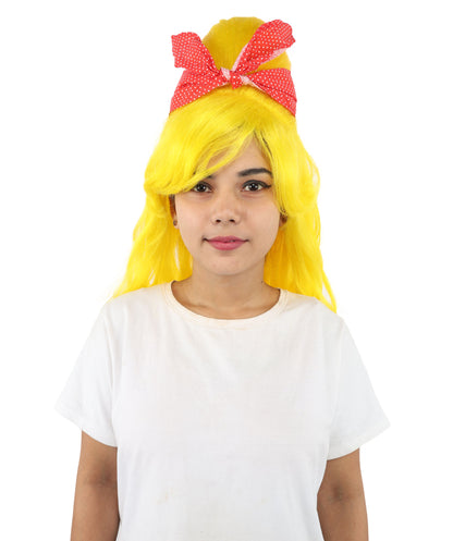 HPO Women’s Retro Beehive Wig with Red Bow | Multicolor Options | Extra Long Wavy Fancy Dress Accessory | Fancy Dress Accessory | Celebrity-Inspired Hair for Halloween, Cosplay & Music Tribute Parties