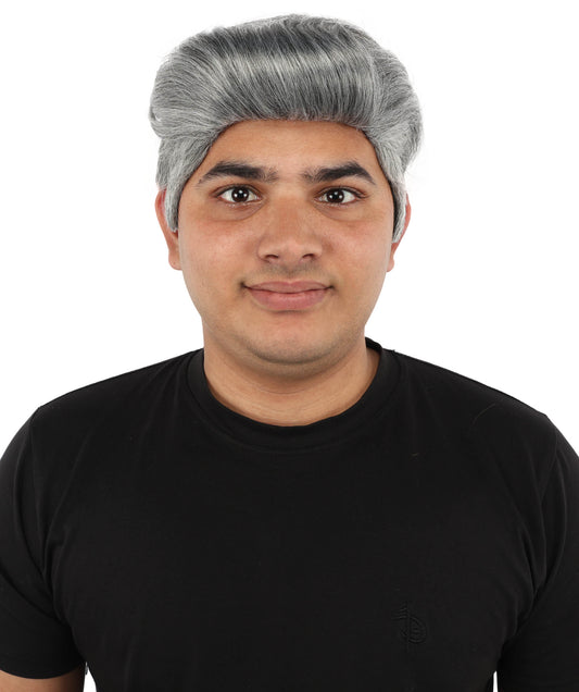 HPO Men's Silver Dark Grey Short Swept Wig | Flame-Retardant Synthetic Fiber with Capless Cap | Ideal for Theater, Halloween and Cosplay