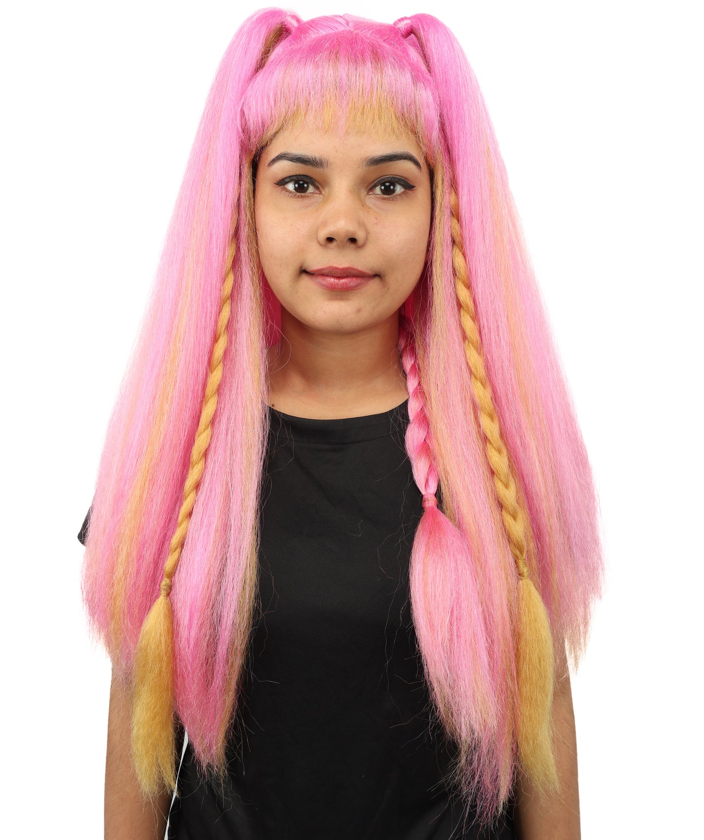 HPO Women's Pastel Candy Fantasy Wig | Pink and yellow gradient hues, create of synthetic fiber, long crimped texture with blunt bangs, breathable base | Party, Halloween, theater, drag, performance, costume events